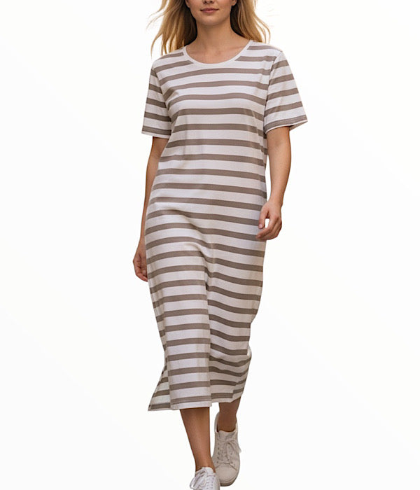 MXO 37114 lang stribet kjole, off white og beige