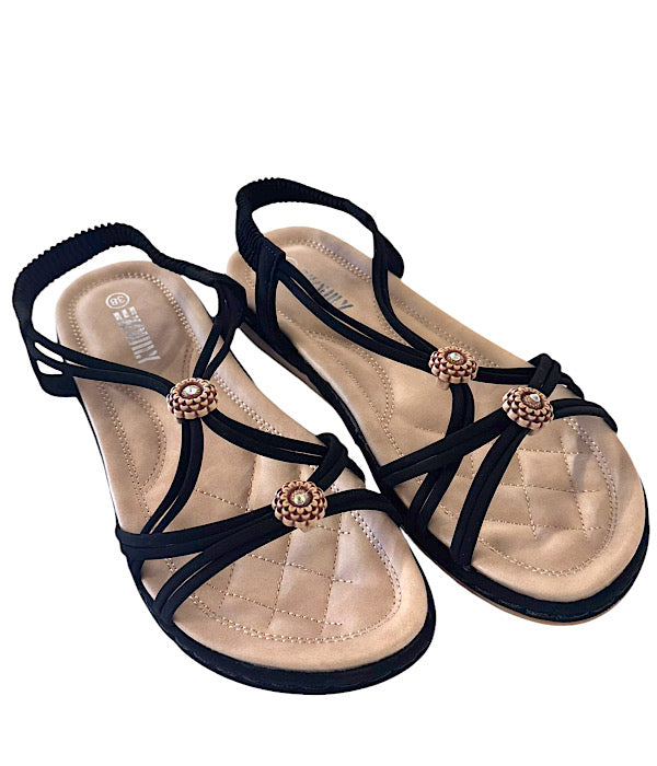 D375 Sandal i sort med blomster pynt