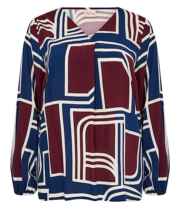 Wasabi Natalie 2 bluse, blå og vinrød mønster