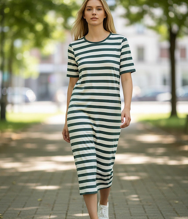 MXO 37114 lang stribet kjole, off white og grøn