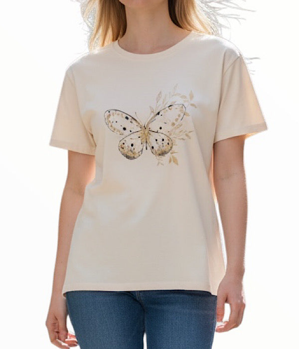 MXO 31517 T-shirt med sommerfugl i beige