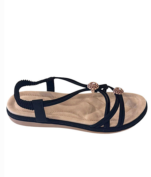 D375 Sandal i sort med blomster pynt