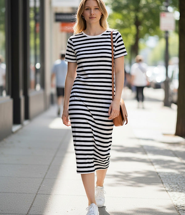 MXO 37114 lang stribet kjole, off white og sort