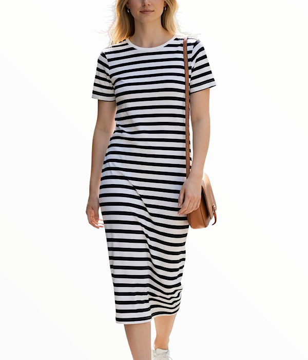 MXO 37114 lang stribet kjole, off white og sort