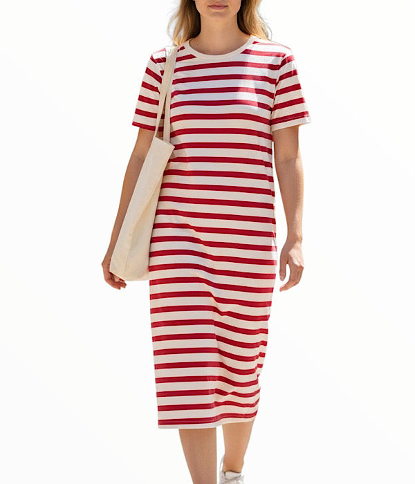 MXO 37114 lang stribet kjole, off white og pink