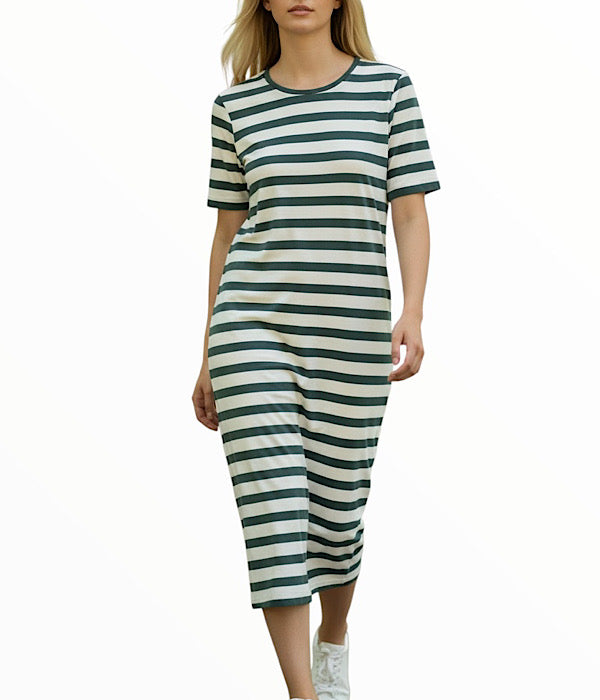 MXO 37114 lang stribet kjole, off white og grøn