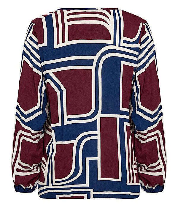 Wasabi Natalie 2 bluse, blå og vinrød mønster