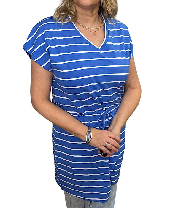 Pandinna v-hals kjole, blå med hvide striber