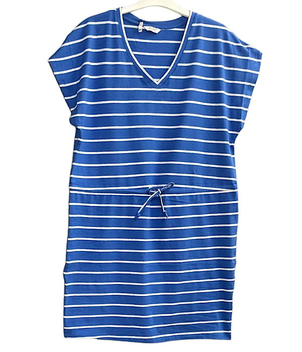 Pandinna v-hals kjole, blå med hvide striber