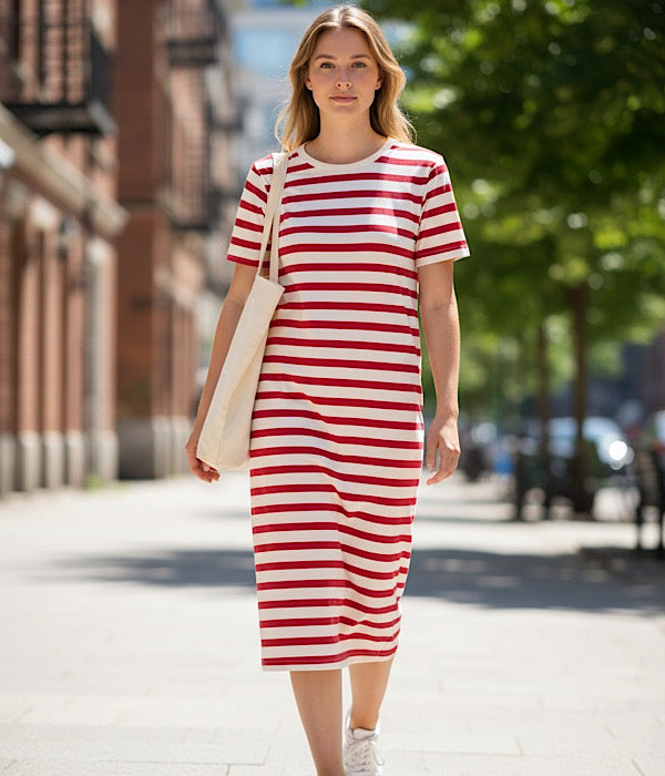 MXO 37114 lang stribet kjole, off white og pink