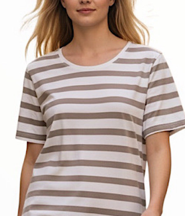 MXO 37114 lang stribet kjole, off white og beige