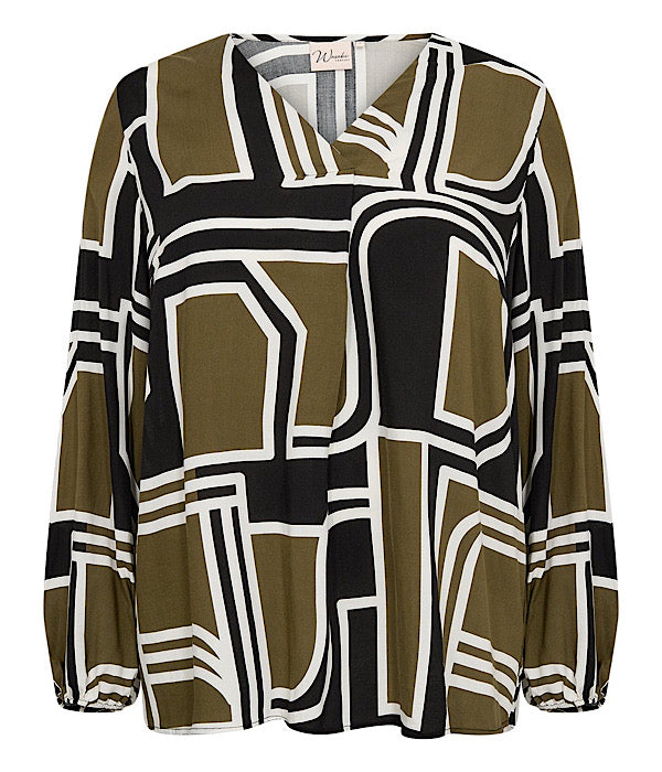 Wasabi Natalie 2 bluse, sort og oliven mønster