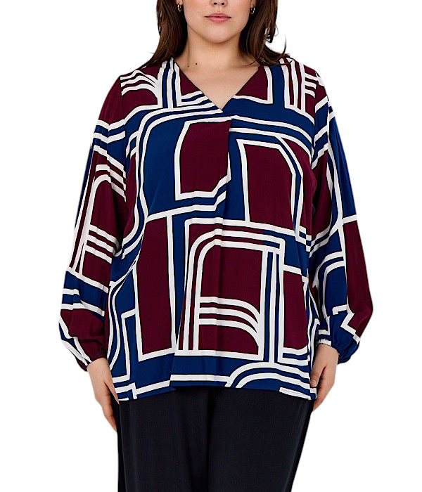 Wasabi Natalie 2 bluse, blå og vinrød mønster
